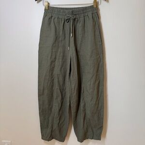 Zara pants elastic waist drawstring pockets balloon leg cropped linen blend